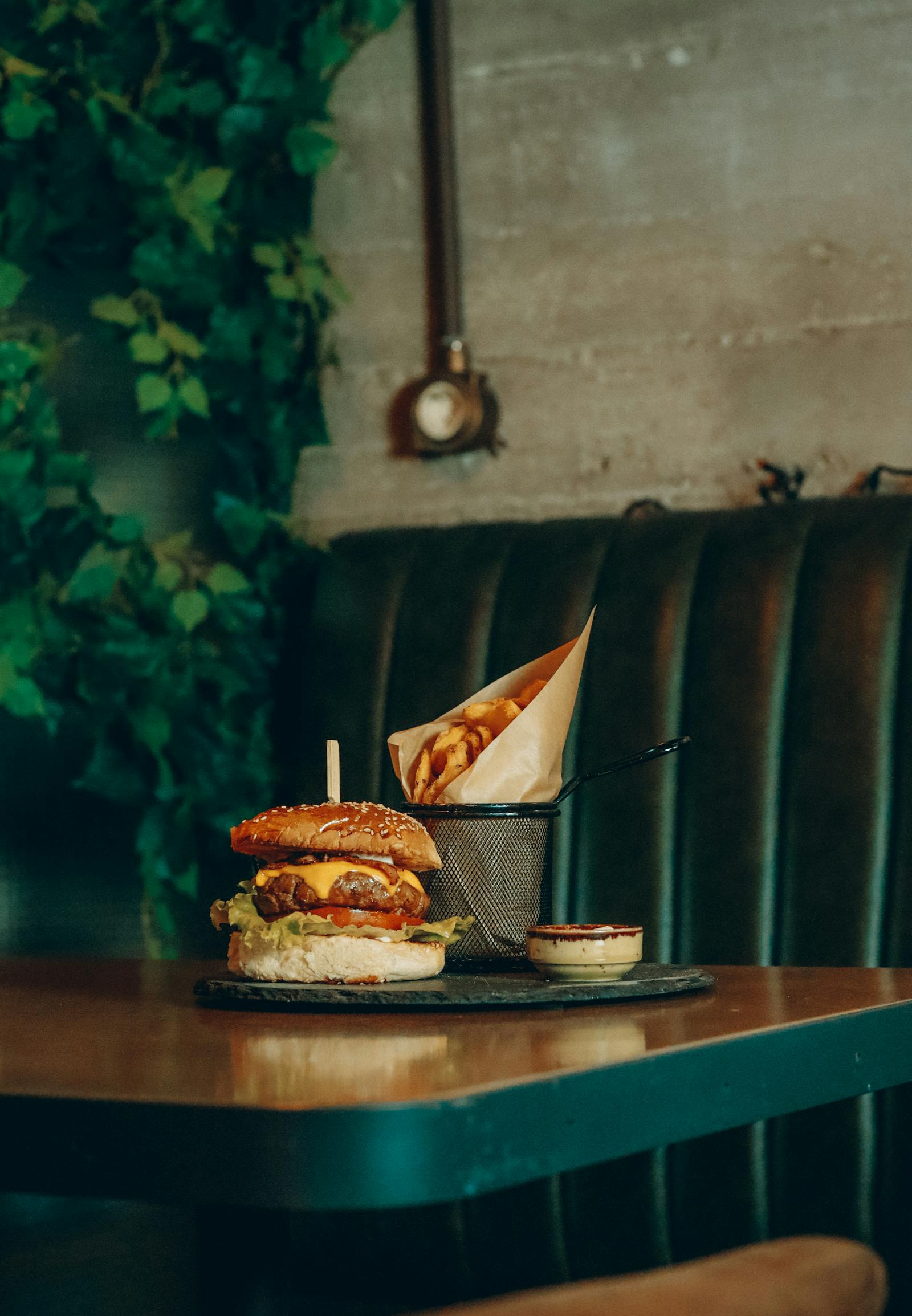 Burger and fries on a table
